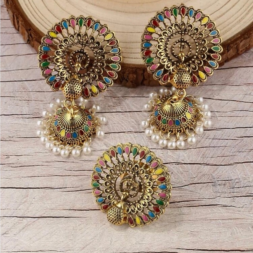 FAUX pearl decor Jhumka earrings with ring